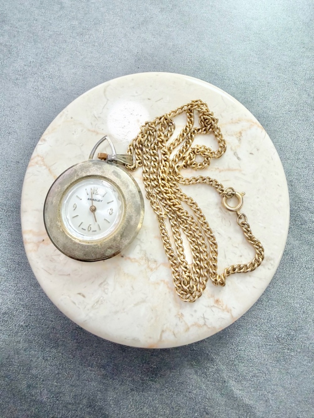 Vintage 1960’s 1970’s Bradley Pocket Watch Pendant Necklace Gold Tone Chain
